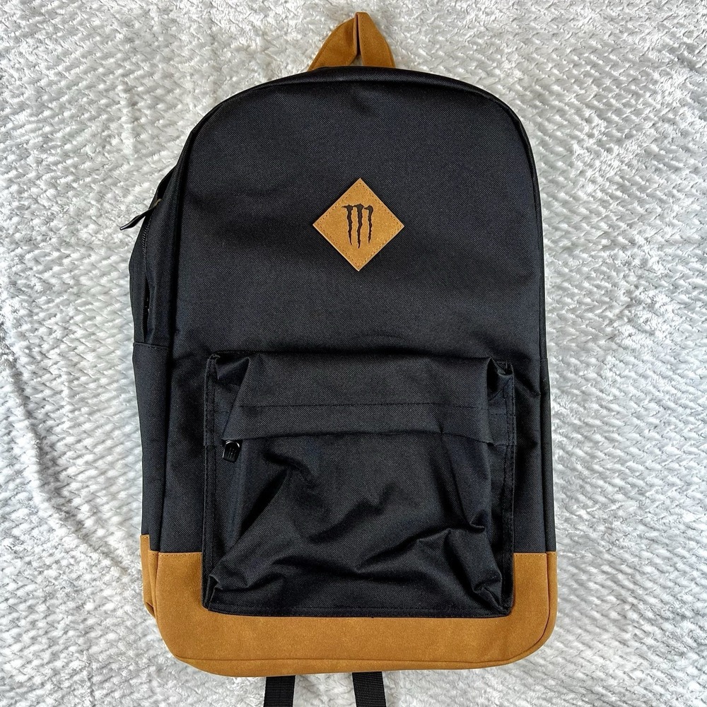 Monster Energy Backpack Leather Bottom Laptop School Daypack Black Brown Promo